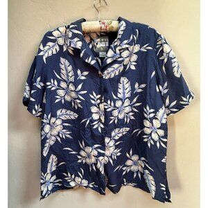 Silk Traders Women's Hawaiian Shirt Casual Short Sleeve Floral Blue Sz XL
